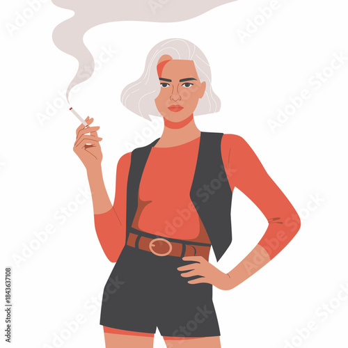 A stylish woman confidently poses while smoking, symbolizing independence and boldness, with a contemporary aesthetic that captures modern attitudes and expressions.