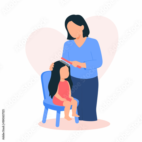 A warm and sweet illustration of a mother lovingly combing her daughter's hair, capturing the essence of nurturing and bonding in a family setting.