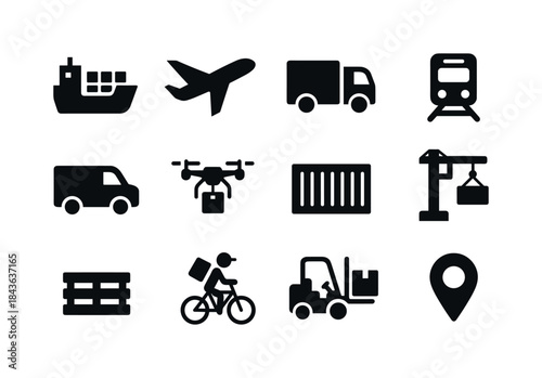 Transportation Icon Set. Transportation modes. Solid icon set of