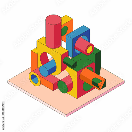 An imaginative arrangement of colorful geometric shapes composed of cylinders, cubes, and more, conveying a playful artistic style that emphasizes creativity and fun.