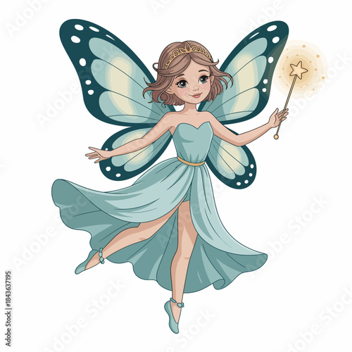 This whimsical illustration features a charming fairy with butterfly wings, spreading magic with a wand, embodying the spirit of enchantment and creativity, perfect for storytelling.