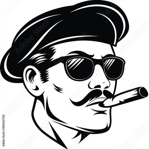 Silhouette of a moustached man with sunglasses and a beret holds a cigar in his mouth