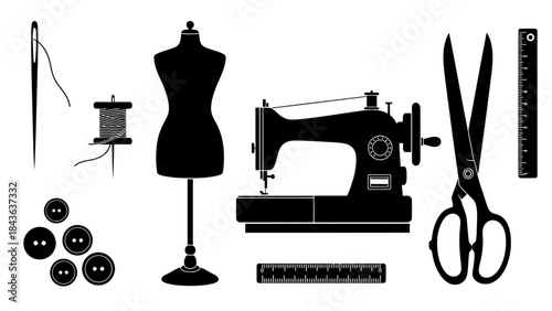 Sewing Tools Silhouette Set – Tailoring Dressmaking Equipment Vector Collection