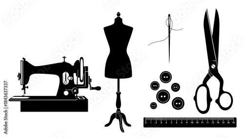 Sewing Tools Silhouette Set – Tailoring Dressmaking Equipment Vector Collection