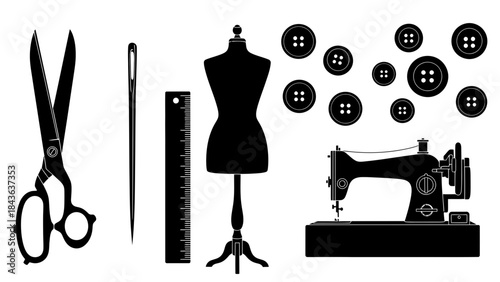 Sewing Tools Silhouette Set – Tailoring Dressmaking Equipment Vector Collection