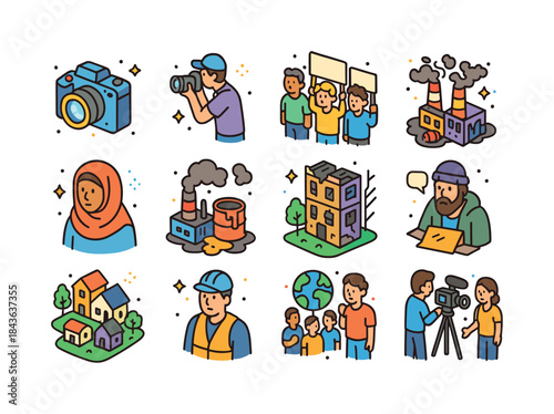 Documentary Icons Set. Documentary photography. Colorful isometr