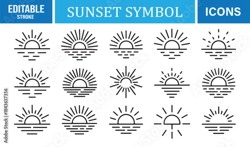 Clean line-style sun horizon symbols for landscape illustrations