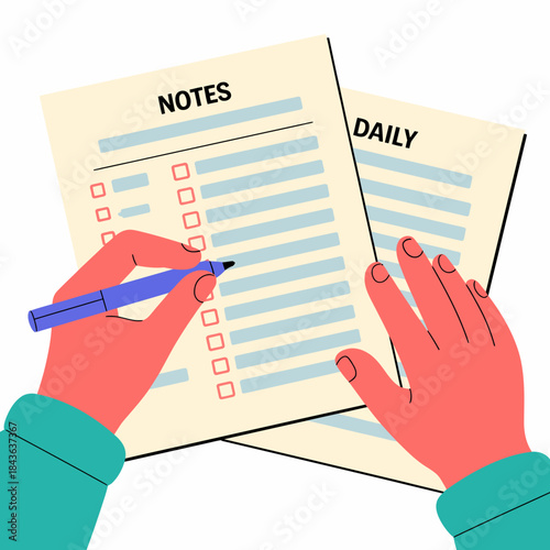 An artistic representation of hands writing on daily notes and checklists with a blue pen, illustrating organization, planning, and the importance of note-taking for productivity.