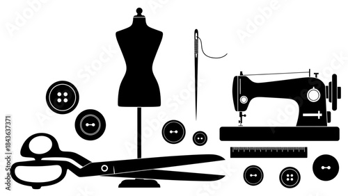 Sewing Tools Silhouette Set – Tailoring Dressmaking Equipment Vector Collection
