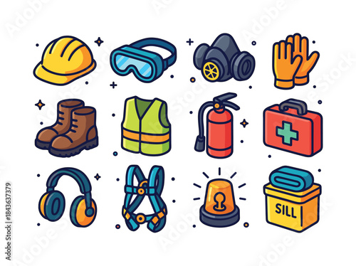 Colorful Safety Equipment Icons. Industrial safety equipment. Co