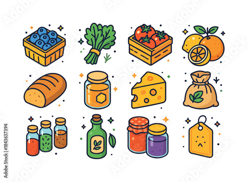 Vibrant Food Icons. Fresh Food Finds. Colorful isometric vector