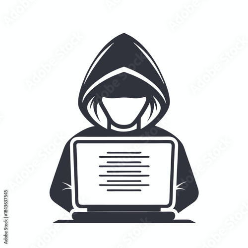 Silhouette programmer wearing a hood works on laptop, the screen displays multiple lines