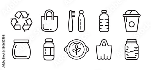 Zero Waste & Eco Friendly Line Icons Set of Sustainable Living Essentials silhouette
