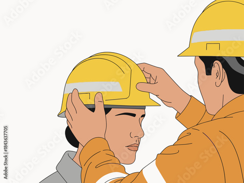 A construction worker assists a colleague in properly fitting a hard hat and gloves.  Safety first! Bright yellow and orange colors highlight the protective gear. Professional, clear image.