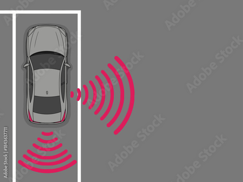 Autonomous parking system in action! A car utilizes ultrasonic sensors to detect surrounding obstacles, showcasing advanced driver-assistance technology. Clean, modern illustration.