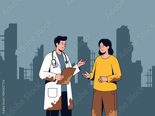 doctor and patient discuss a recovery plan against a backdrop of a damaged city skyline The illustration conveys hope and resilience Suitable for healthcare urban recovery and motivational themes