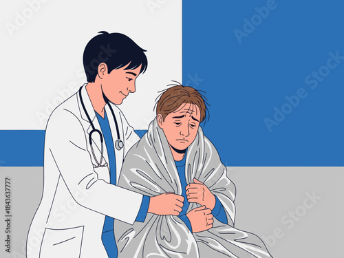 A doctor comforts a shivering patient with warmth and care. The illustration conveys hope and compassion. Clean, modern style.