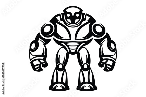 Simple monochrome robot stands ready with large eyes and hands visible