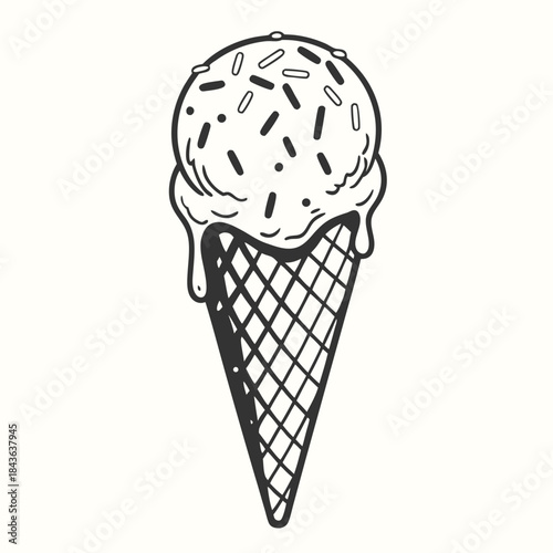 Single scoop of melting ice cream with sprinkle toppings in a waffle cone looks appealing