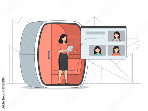 A professional woman leads a video call from a modern pod office. She uses a tablet, showcasing a virtual meeting with colleagues. Clean, bright, and focused.