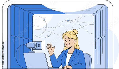 A professional woman video conferencing from a modern, minimalist studio booth. She gestures warmly, conveying connection and growth. Clean lines and a bright, inviting atmosphere.