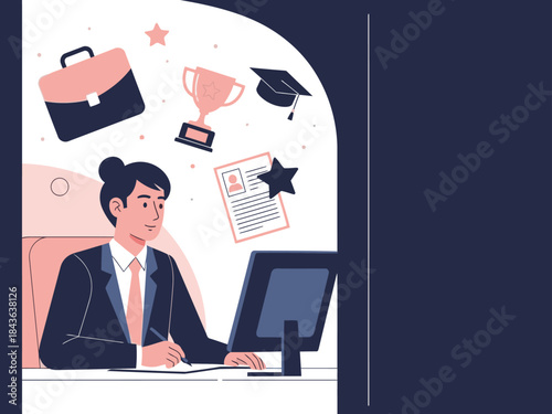A professional woman works on a computer, surrounded by career symbols. Modern, stylish illustration for business and recruitment themes. Bright, inviting design.