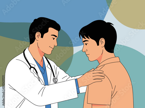 A reassuring doctor comforts a young patient with a gentle touch. The image conveys safety and support. Clean, modern illustration style.