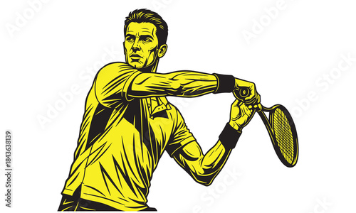 Tennis player serving forehand stroke action close up graphic style