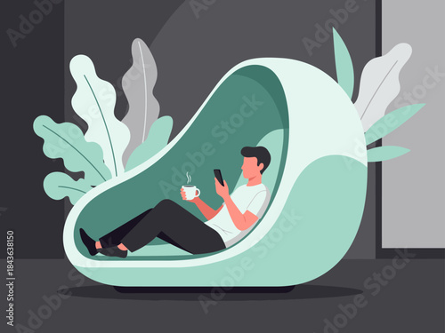 A relaxed young man enjoys a moment of peace in a modern pod-like seat, sipping coffee and reading. Soft colors and a calming atmosphere evoke pause and recharge.