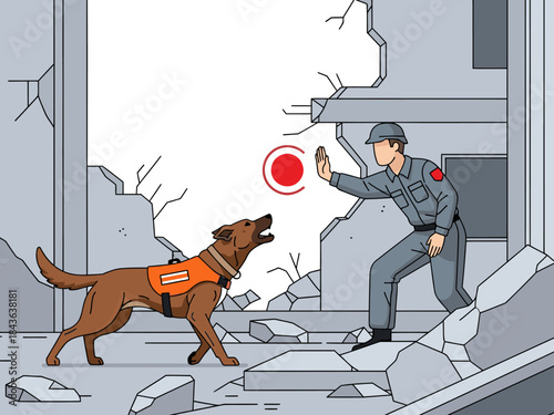 A soldier and K9 unit navigate a rubble-strewn scene, emphasizing trust and vigilance. Dramatic lighting highlights the rescue operation. Strong visual impact.