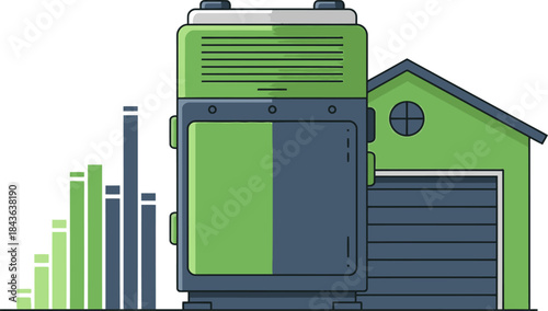 stylized illustration depicts a green storage unit with a charge capacity chart showcasing a modern clean design suitable for commercial use Bright colors and a simple composition