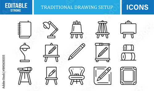 Professional art studio symbol set with sketch tools and furniture