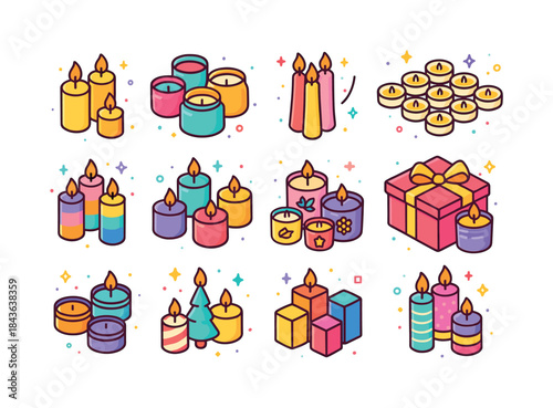 Colorful Candle Icons. Candle sets. Colorful isometric vector ic