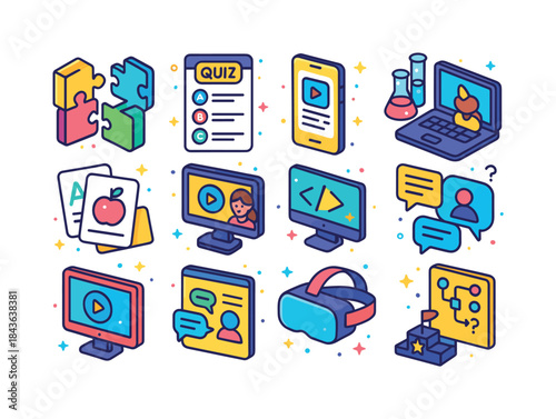 Interactive Learning Icons. Interactive learning. Colorful isome