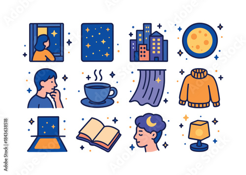 Nighttime Reflections Icons. Nighttime Reflections. Colorful iso