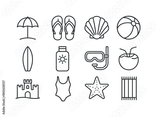 Beach Travel Icons. Beach Travel. Line icon set of Beach Travel: