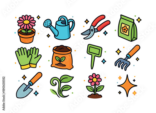 Garden Essentials Icons. garden essentials. Colorful isometric v
