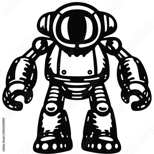 Sturdy black and white robot with big eyes stands calmly, exuding cartoon charm