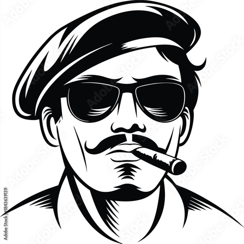 Stylish man with mustache, sunglasses, and beret enjoys a cigar in black and white