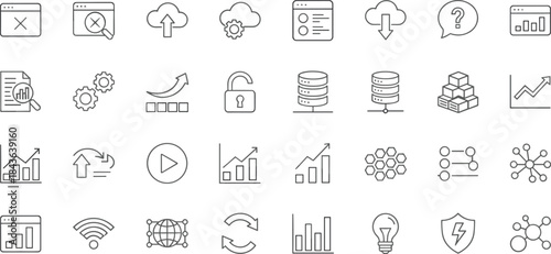 Thin line business analytics icon set illustration featuring cloud data security charts and technology symbols with editable stroke design