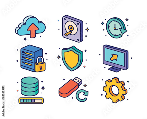 Isometric Data Backup Icons. Data backup and recovery. Colorful
