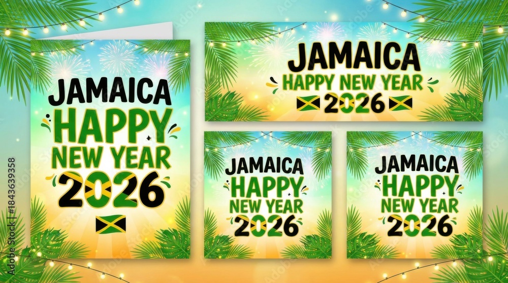 Naklejka premium jamaica happy new year 2026 poster set template with national flag colors