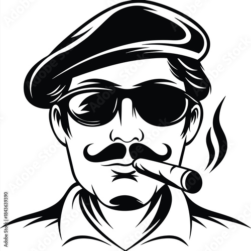 Stylish man with sunglasses smokes a cigar, donning a beret in monochrome