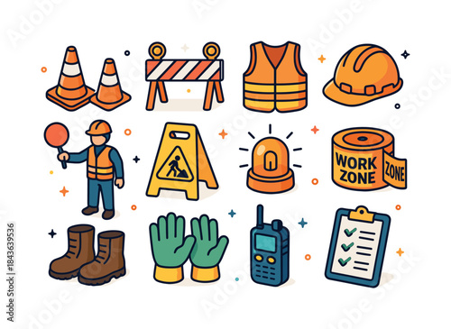 Work Zone Safety Icons. Work zone safety. Colorful isometric vec