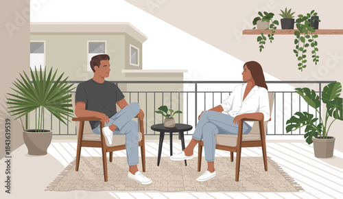 This image depicts two friends sitting on a modern balcony, engaged in a lively conversation, surrounded by greenery, capturing the essence of friendship and relaxation.
