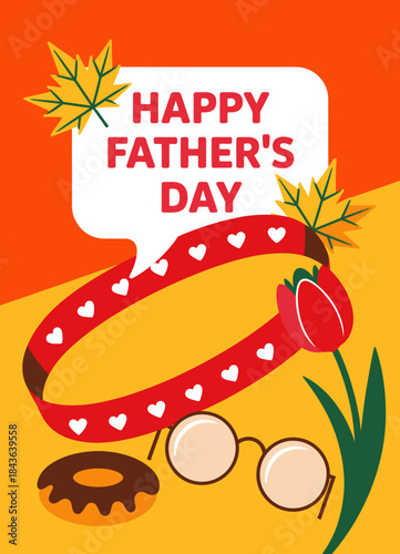 This festive image celebrates Father's Day with playful elements like a donut, glasses, and tulips, symbolizing love, family, and special memories shared on this occasion.