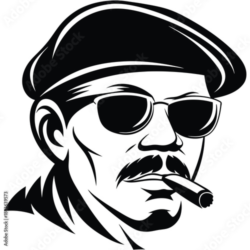 Stylized monochrome portrait depicts an African man in cap smoking a thick cigar elegantly