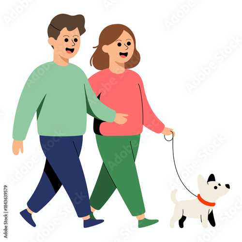 A colorful illustration of a happy couple walking a small dog on a leash, capturing the joy of companionship and outdoor adventures together on a beautiful day.