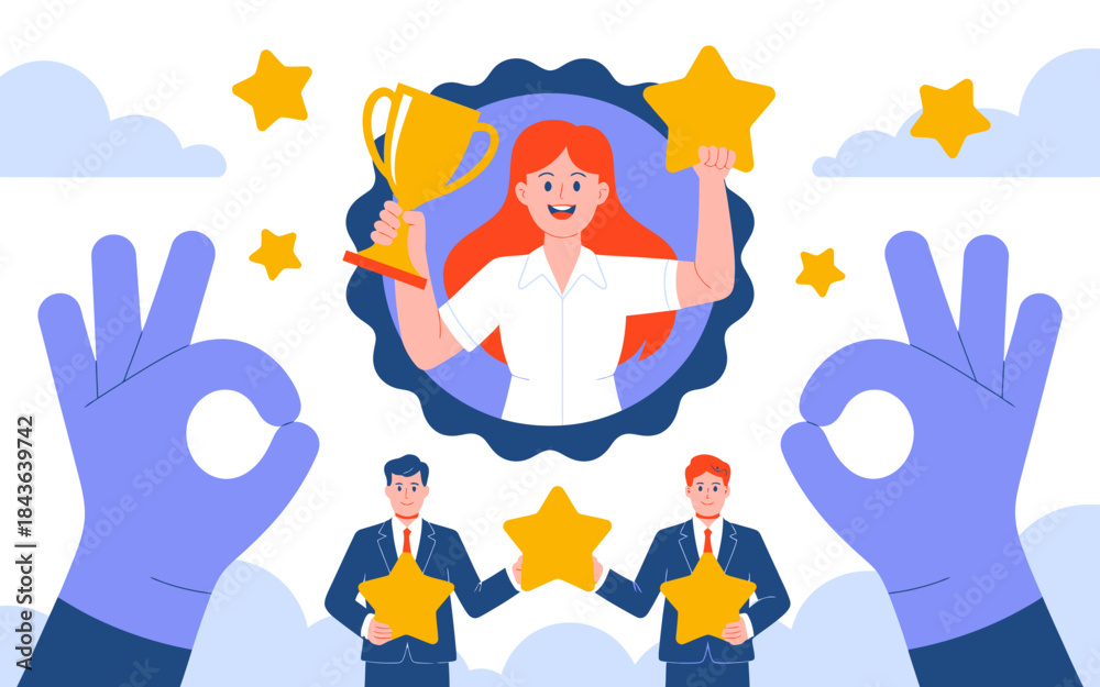 Fototapeta premium An uplifting illustration capturing a moment of celebration, featuring a smiling person holding a trophy surrounded by stars, symbolizing achievements and success in life.