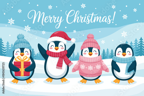 A cheerful illustration of four cute penguins dressed for winter, spreading joy and celebrating Christmas with presents, snow, and festive accessories.